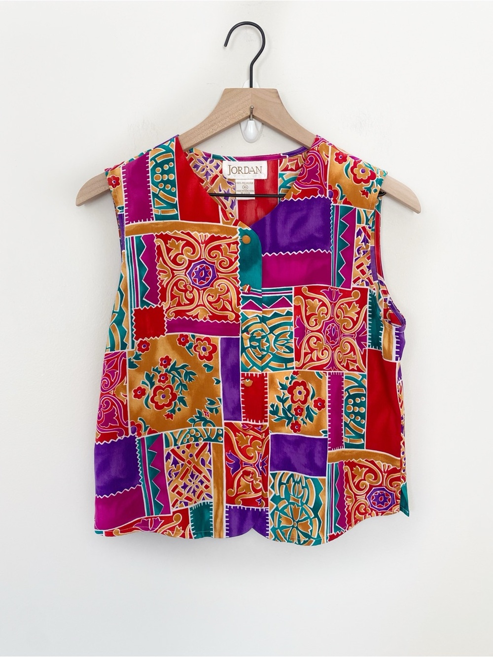 Vintage Jordan Patchwork Silky Vest Sleeveless Top with Buttons size 10 Medium